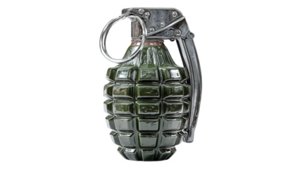 PNG of A realistic depiction of a military-style hand grenade in a neutral tone, emphasizing its detailed design and textures.