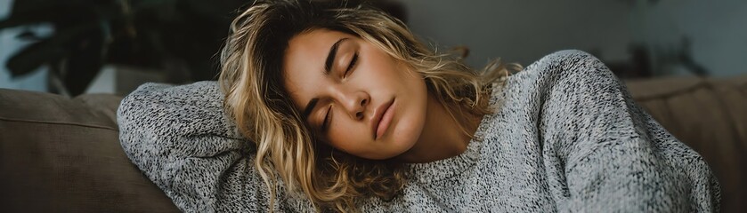 Young woman with sun-kissed skin rests comfortably on a couch wearing a cozy knitted garment