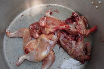 Freshly Slaughtered Chicken Meat In Large Metal Pot