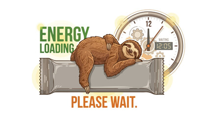 Sloth resting on energy bar waiting for energy loading please wait.