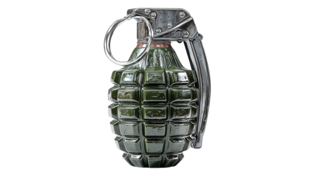 PNG of A realistic depiction of a military-style hand grenade in a neutral tone, emphasizing its detailed design and textures.