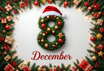A lush Christmas wreath shaped as the number 8, complete with a Santa hat, centered within a decorative December frame.