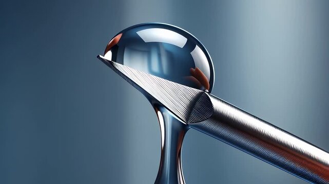 Extreme macro view of a sharp hypodermic needle tip with a clear liquid drop forming against a blue background, illustrating medical vaccination concepts.