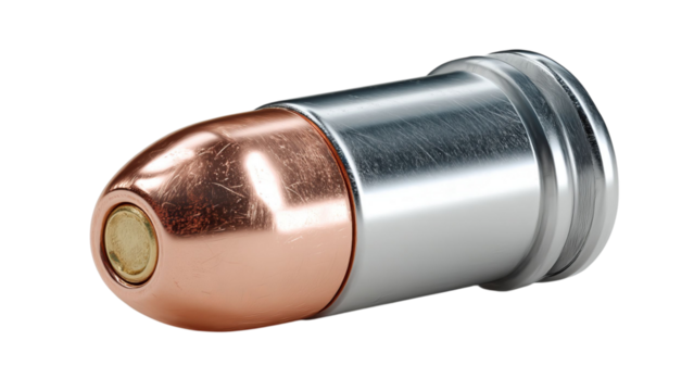 PNG of Close-up of a metallic bullet with a copper tip, emphasizing its detailed design and craftsmanship.
