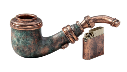 PNG of A vintage-styled smoking pipe paired with a classic lighter, featuring a weathered bronze finish.