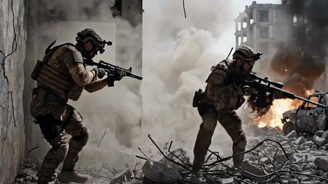 Two heavily armed special forces soldier in tactical gear engaging in combat amidst smoke, debris, and fire in a war zone