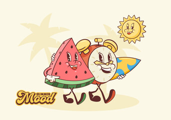 Summer Sunny Surfing Retro Cartoon Characters Banner. Groovy Alarm Clock with Surf Board and Watermelon Illustration. Beach Personage Walking Smiling Vintage Vector Drawing Logo Poster Isolated