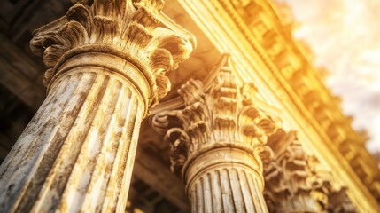 Ornate pillars of an ancient building bathed in golden light.