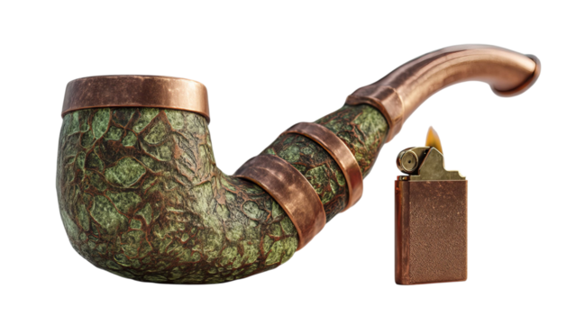 PNG of A rustic, earthy pipe made of textured green material alongside a vintage lighter.