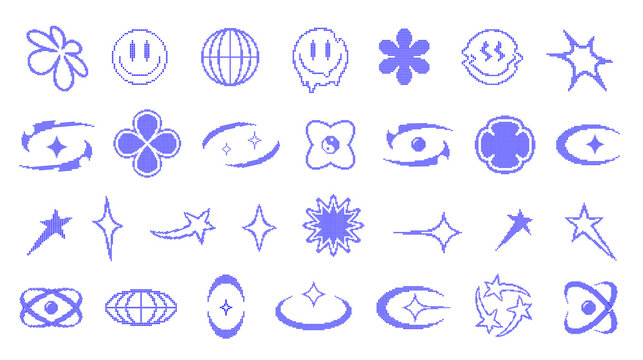 Pixel y2k retro icons set. Abstract vector elements in vaporwave acid style. Geometric sticker shapes in pixel art style. Digital brutalist techno glitch bitmap symbols collection. Isolated