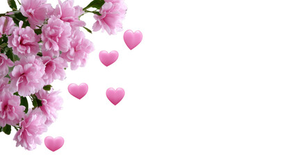 Fototapeta premium Love's Bloom: A gentle floral arrangement embraces a shower of heart-shaped symbols, signifying tenderness and affection, creating a harmonious and loving composition.