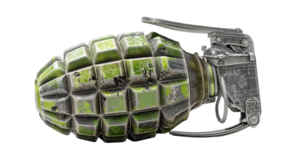 PNG of A detailed depiction of a green camouflage grenade, blending military aesthetics with nature-inspired textures.