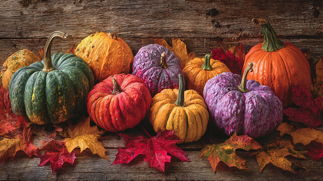 A vibrant autumnal harvest display with colorful gourds and leaves - Powered by Adobe