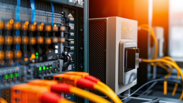 Network switch ethernet cable data center server rack orange connector patch panel fiber optic technology infrastructure hardware high speed