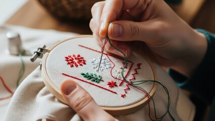 Close-up of a person's hands stitching a floral pattern with red and green threads on a white fabric using an embroidery hoop on a wooden table.