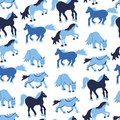 Vector seamless pattern with Christmas blue elements on an isolated white background. Animalistic and botanical print in a modern flat style with horses.