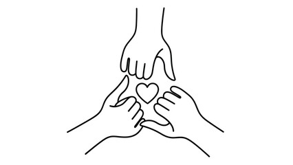 Three hands reach together to form a heart shape, symbolizing unity and love.