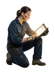 Female industrial mechanic using rugged tablet. Technology concept