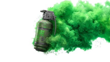 PNG of A vibrant green smoke bomb releasing a cloud of green powder, creating a dramatic and dynamic visual effect.