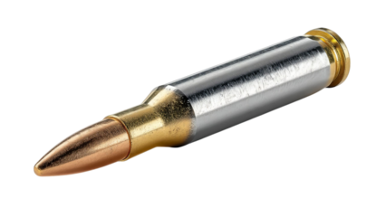 PNG of Close-up of a metallic bullet cartridge with a golden tip, showcasing intricate details of the materials used.