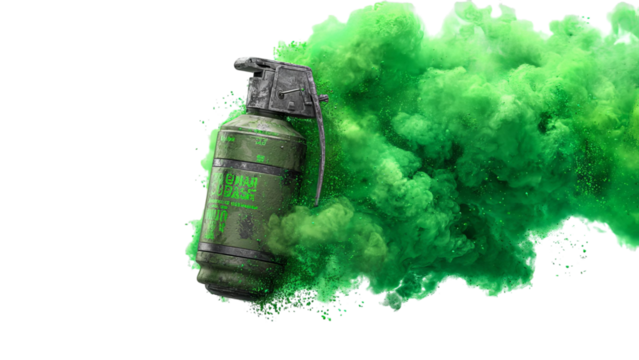 PNG of A vibrant green smoke bomb releasing a cloud of green powder, creating a dramatic and dynamic visual effect.