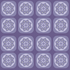 Repeating geometric pattern with a floral motif in a purple color scheme. 