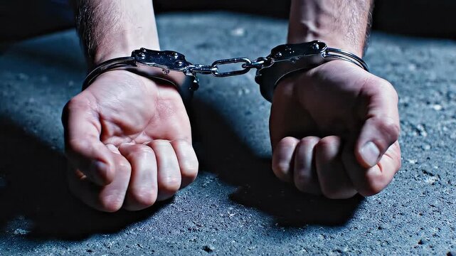 Close-up of a person's hands in handcuffs, representing arrest, crime, justice, and restriction