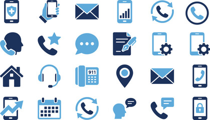 Communication icon set, technology symbols, mobile phone graphics, messaging visuals, customer service tools, blue theme, call and email elements