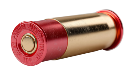 PNG of Close-up of a shiny, gold and red shotgun cartridge against a clean background, showcasing its metallic finish.