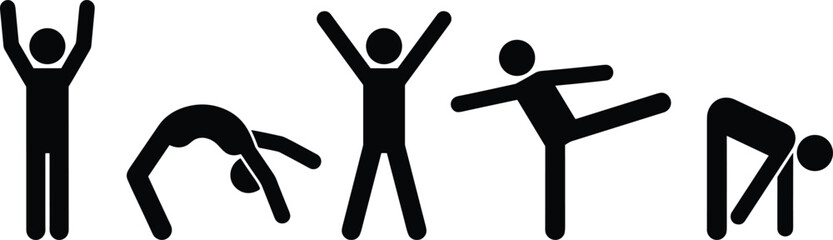 Exercise icon set, stretching silhouettes, fitness poses, yoga movements, body balance graphics, black and white design, wellness illustration