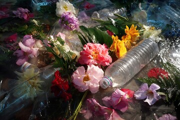 Colorful discarded flowers and a plastic bottle float among waterlogged clear wrappings
