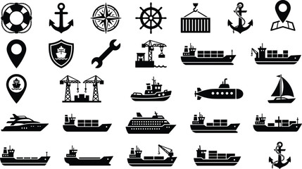Maritime icon set, shipping and transport symbols, nautical graphics, cargo vessel silhouettes, anchor and compass visuals, black theme, logistics elements © Mst