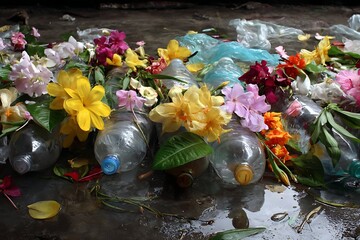 Discarded plastic containers mingle with colorful blossoms and refuse on a wet surface