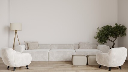 Cloud dancer is a trend color year 2026 in the luxury living lounge. Painted mockup wall for art - clean neutral colour. Blank modern room design interior home. Accent furniture and luxury. 3d render 