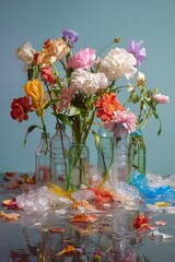 Colorful array of fresh blossoms displayed in recycled containers atop a surface littered with discarded wrappings