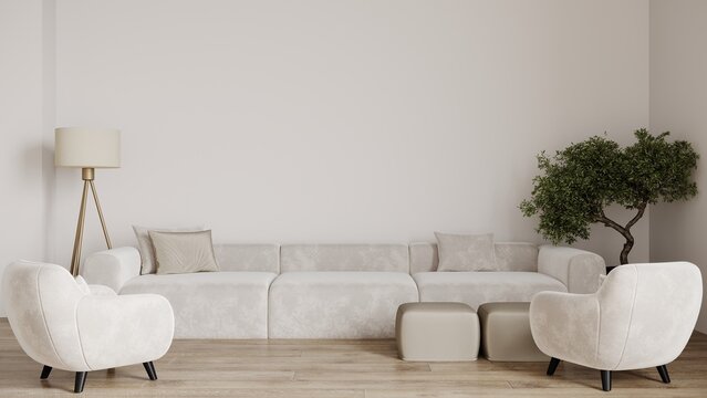Cloud dancer is a trend color year 2026 in the luxury living lounge. Painted mockup wall for art - clean neutral colour. Blank modern room design interior home. Accent furniture and luxury. 3d render 
