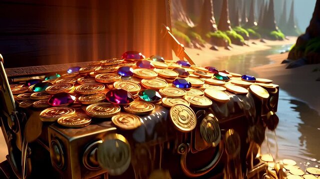 Wooden treasure chest opening to reveal glowing gold coins and jewels inside a mossy cave in a cinematic 3D animation, illustrating wealth and fantasy adventure concepts. - Powered by Adobe
