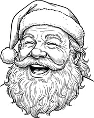 Detailed hand-drawn Santa Claus portrait illustration featuring expressive face, classic hat, and flowing beard, perfect for Christmas designs, vintage artwork, festive branding, and holiday projects.