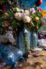 Freshly cut flowers displayed artfully within repurposed plastic containers amidst some clutter