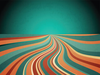 Abstract retro background with curved colorful stripes converging toward a distant horizon on a textured teal sky