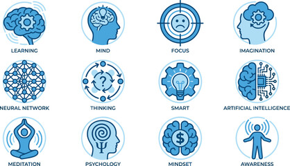 Cognitive process icon set, mental health symbols, psychology and AI graphics, brain function visuals, blue theme, awareness and mindset elements