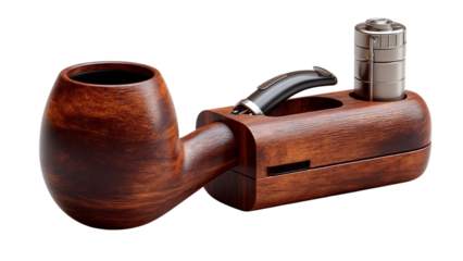 PNG of Elegant wooden smoking pipe and lighter set, showcasing craftsmanship in rich mahogany tones.