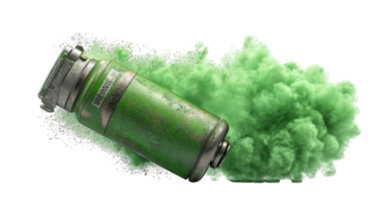 PNG of A vibrant green smoke grenade creates a dynamic cloud of color, emphasizing action and excitement in a creative setting.