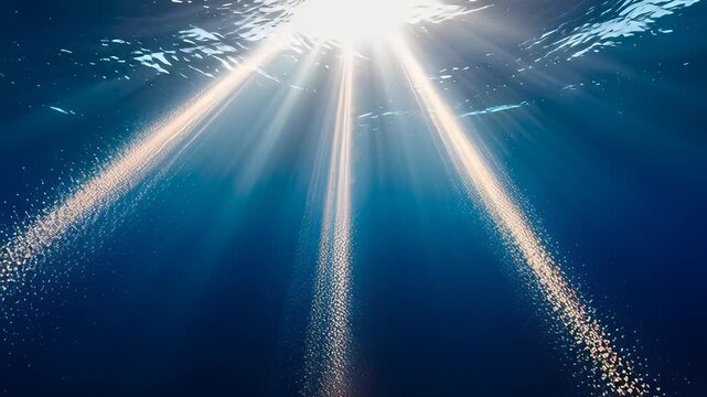 Deep blue underwater ocean background with bright sun rays piercing the surface in a cinematic seamless loop animation.
