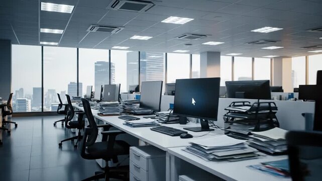 Modern empty office interior with rows of desks, computer monitors, and ergonomic chairs overlooking a city skyline through large windows