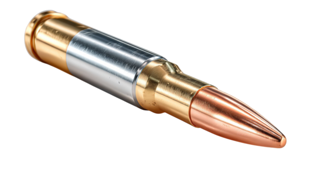 PNG of Close-up of a metallic bullet with a copper tip, showcasing its details and craftsmanship.