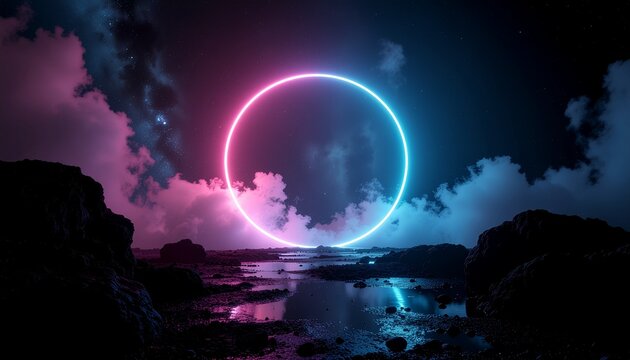 Glowing neon ring over rocky landscape at night glowing circle