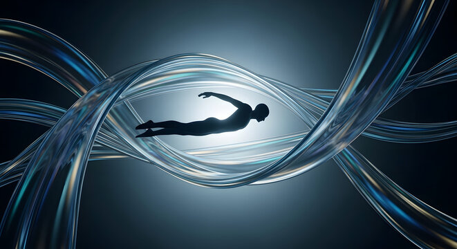 Dynamic Silhouette of a Human Figure Floating within a Vibrant Abstract Light Stream, Representing Freedom and Technological Flow - Powered by Adobe