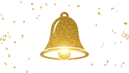 Golden christmas bell illustration with glittering texture isolated on transparent background