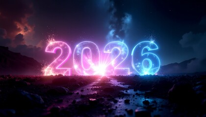 Neon 2026 numbers with bright flare and glowing particles